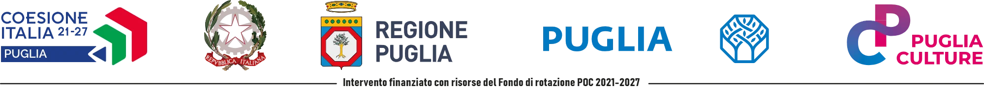 Loghi Coesione Italia 21-27, Repubblica Italiana, Regione Puglia, Puglia Culture. Intervento finanziato con risorse del Fondo di rotazione POC 2021-2027